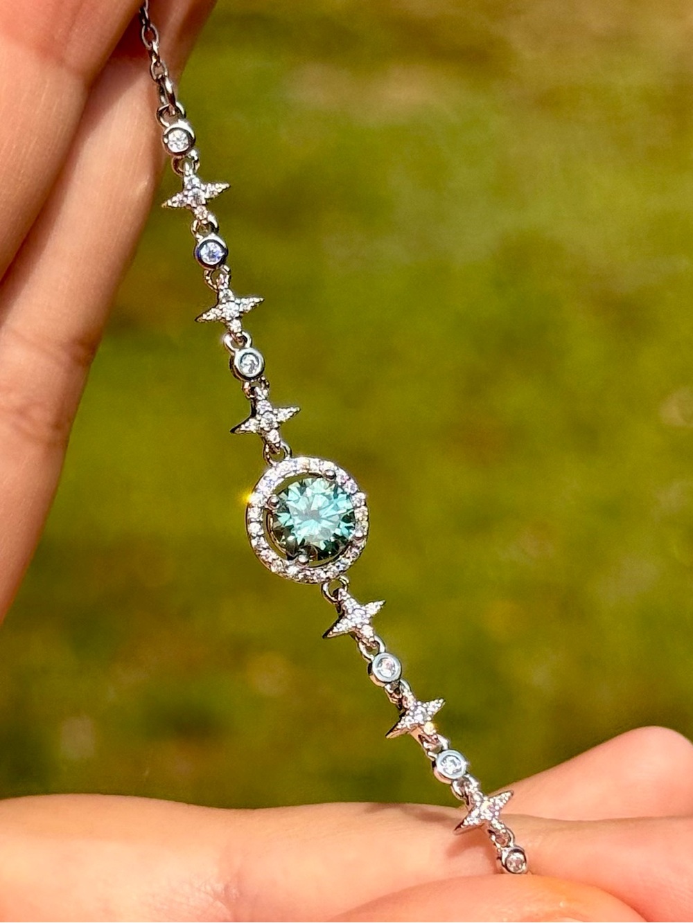 Sterling Silver Green Halo Star Link Bracelet